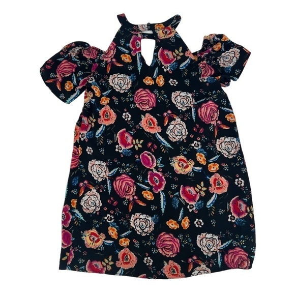 Lily Rose Black Floral Cold Shoulder High Neck Mini Dress Size Medium Women’s - Picture 3 of 5